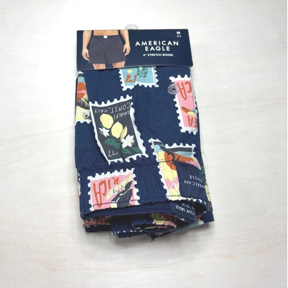 American Eagle‎ Mens 4 Inch Stretch Boxer Postage Stamp Print Navy Blue Size M
